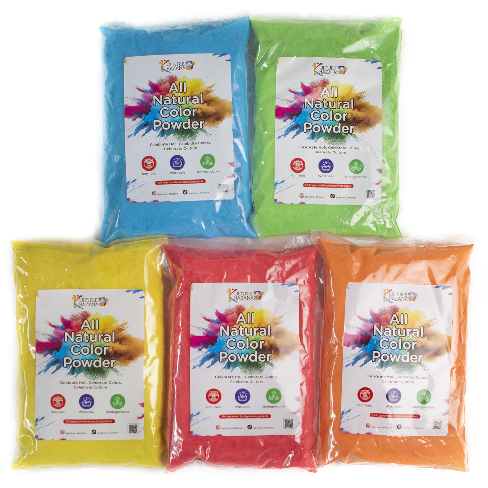 Kulture Khazana: Holi Color Powder 1lb Bags - 5 Pack - All-Natural, Washable, Non-Toxic, for Festival of Colors, Color Run, Gender Reveal & Parties
