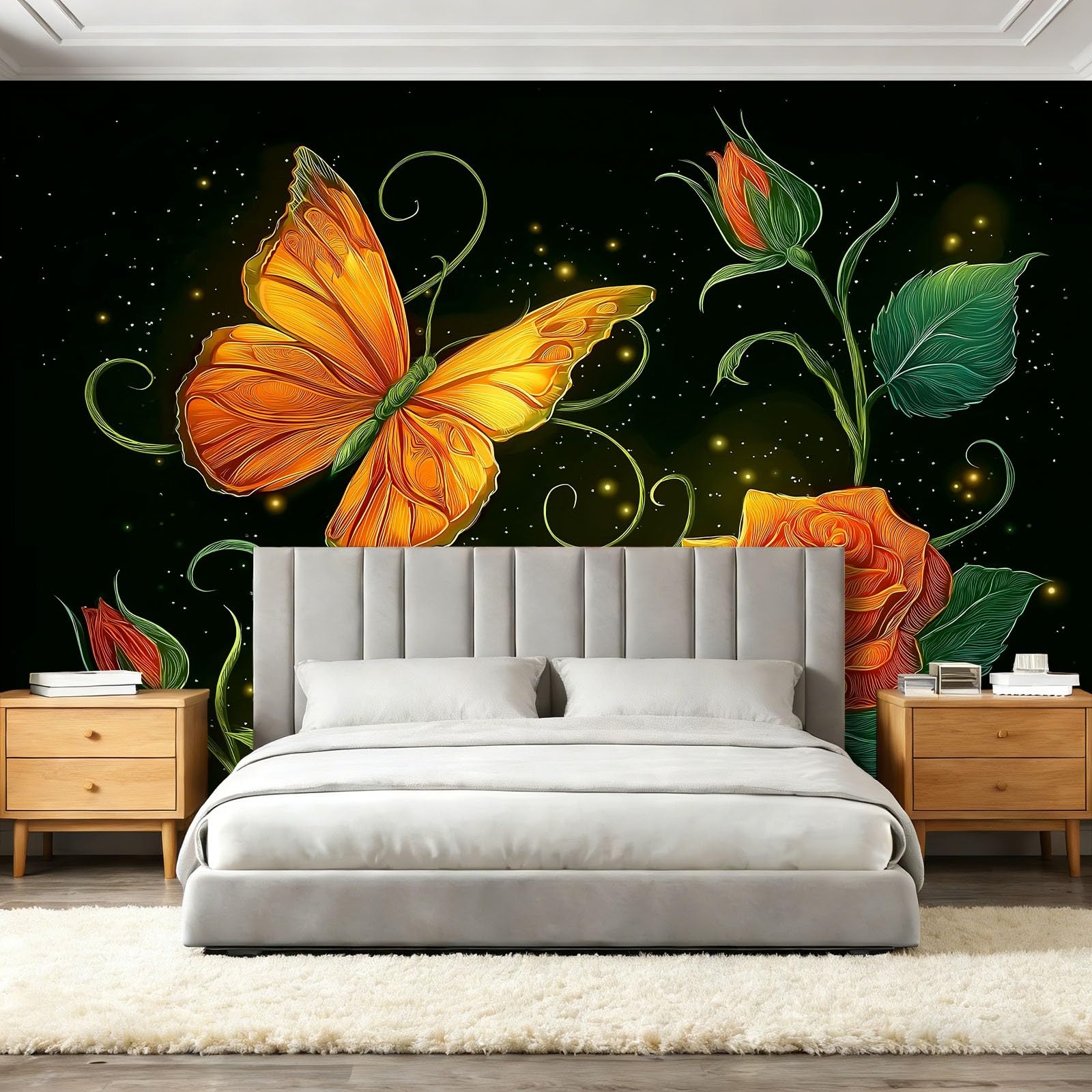 Tapeta z motywem 250 x 175 cm, kreskówkowy motyl fantasy, radosna tapeta z motywem do pokoju dziecięcego i kącika do majsterkowania, pomarańczowo-zielona