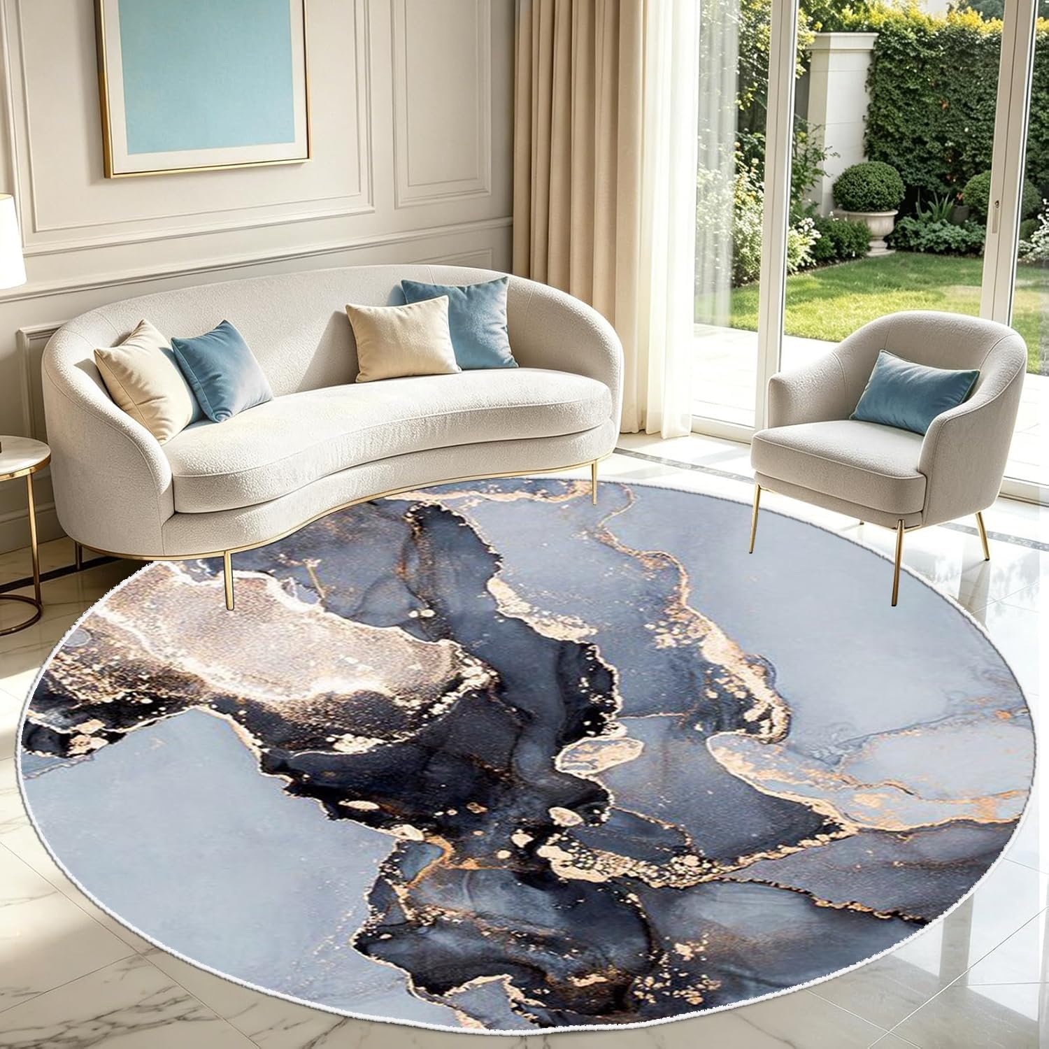 PDENZG Black and Gold Round Rug,240cm,Liquid Ink Print Round Marble Carpet, Abstract Modern Luxury Area Rug, Washable Non-Slip TPR Backing Round Carpet, for Bedroom Dining Room Bedside Office
