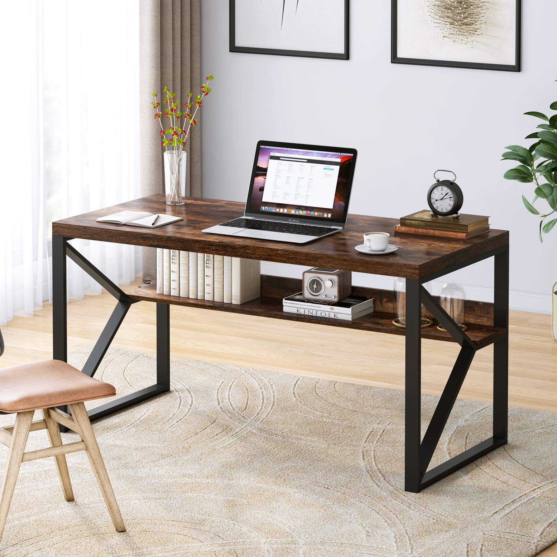 Tribesigns Computer Desk with Shelf, 55 inch Vintage Industrial Study