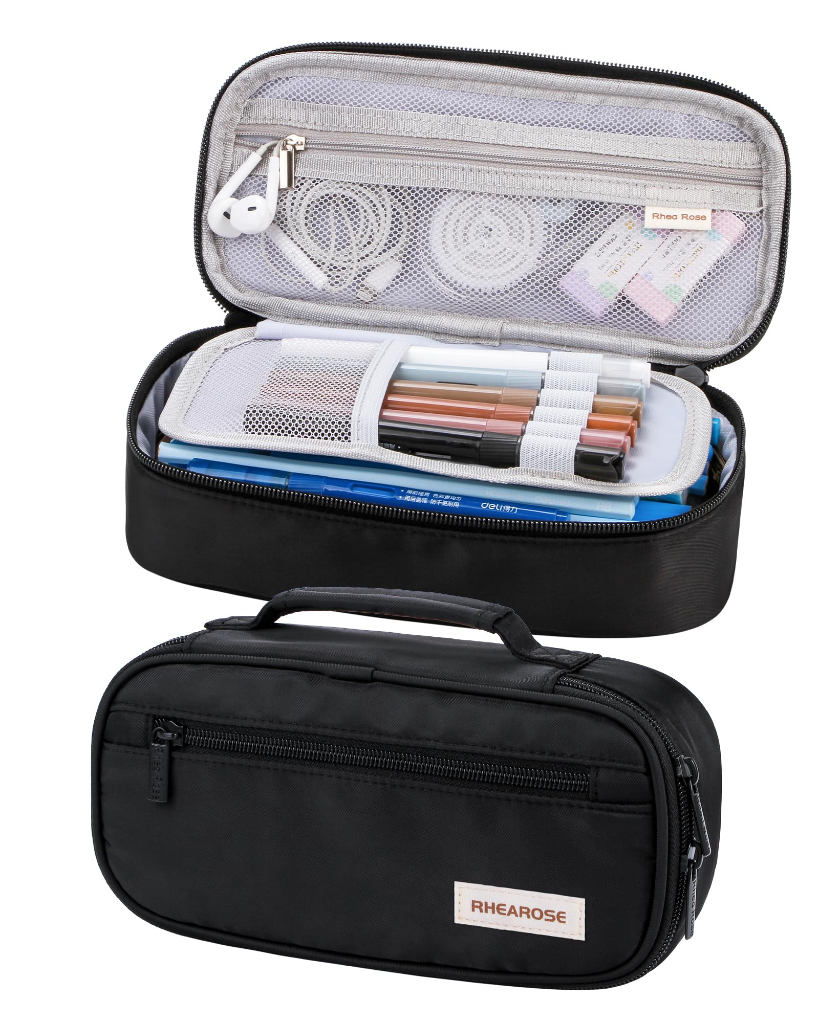 Rhea Rose Large Pencil Case Cute Soft Pen Pouch, Aesthetic Zipper Pencil Box,Pen Bag with Handle School Supplies for Teen Girls Women, Black