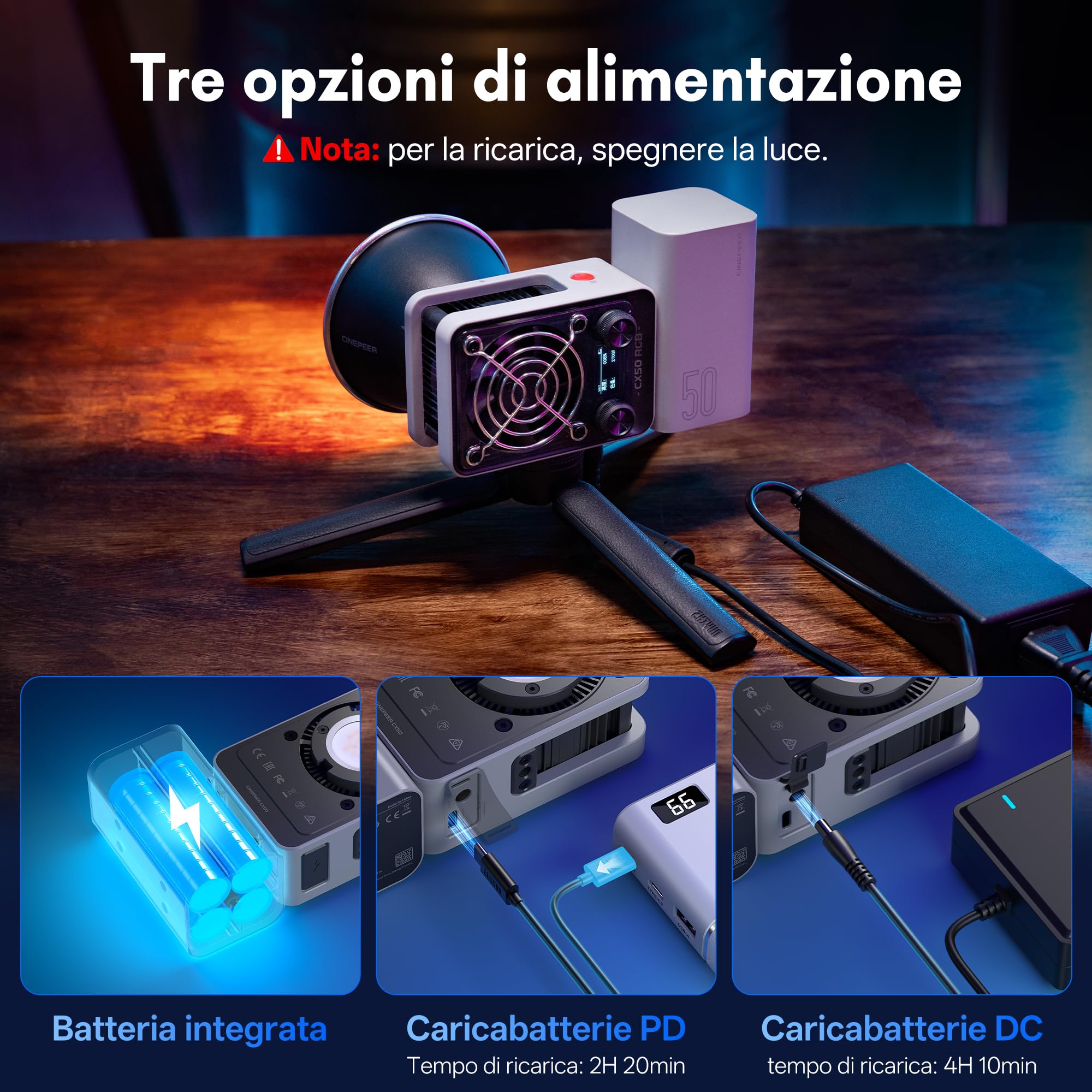 ZHIYUN CINEPEER CX50 RGB [Ufficiale] 50W Luce Fotografica Portatile con 4500mAh Batteria, Ricarica Rapida Type-C PD, Luce Video Led RGB con Controllo APP, 2700-6500K/CRI≈95/TLCI≈96/18 Effetti
