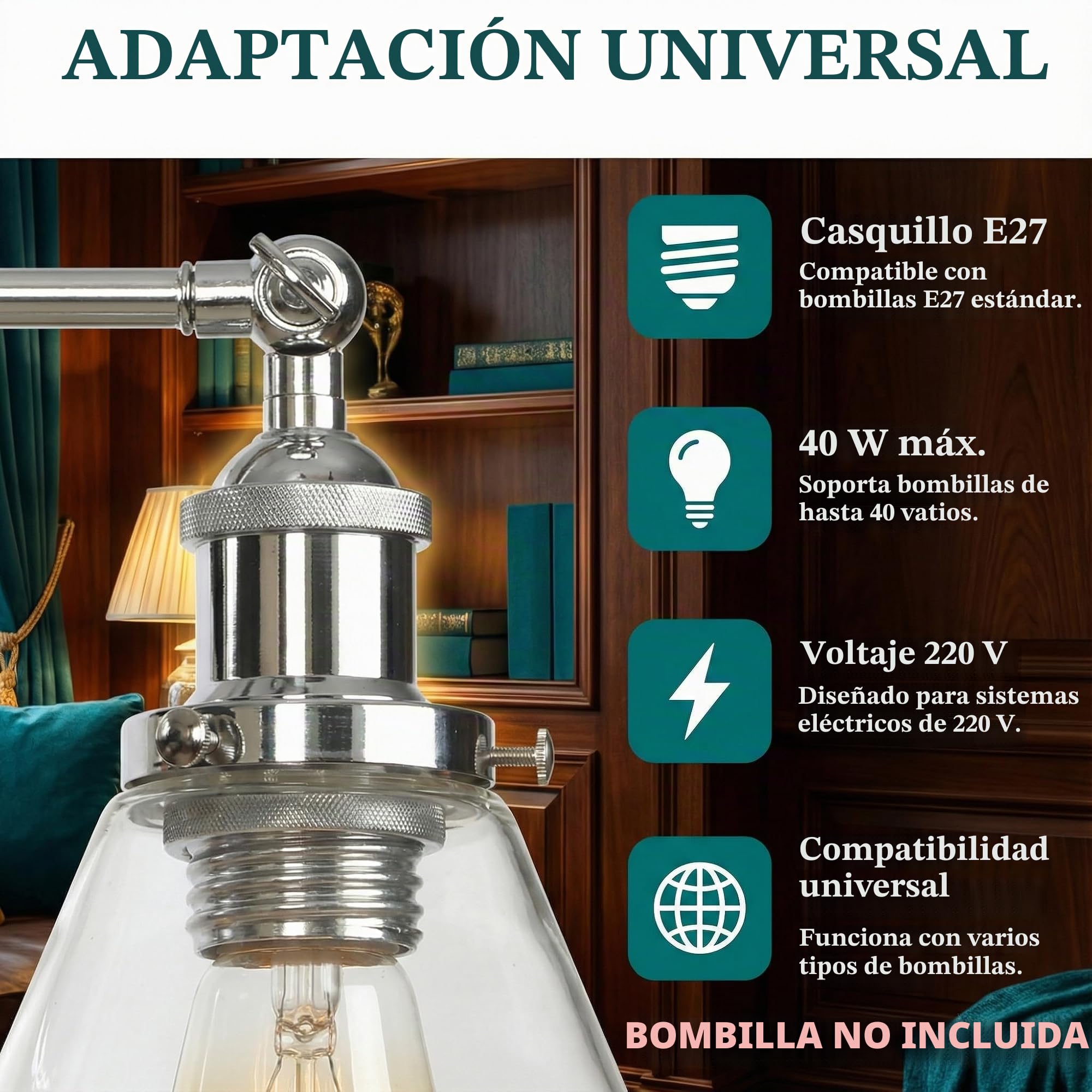 Aplique de Pared Industrial, Lámpara de Pared de Vidrio Vintage E27 para Baño, Dormitorio, Pasillo, Café y Estudio, Iluminación para Lectura Oficina & Casa (Plata Moderna, B)