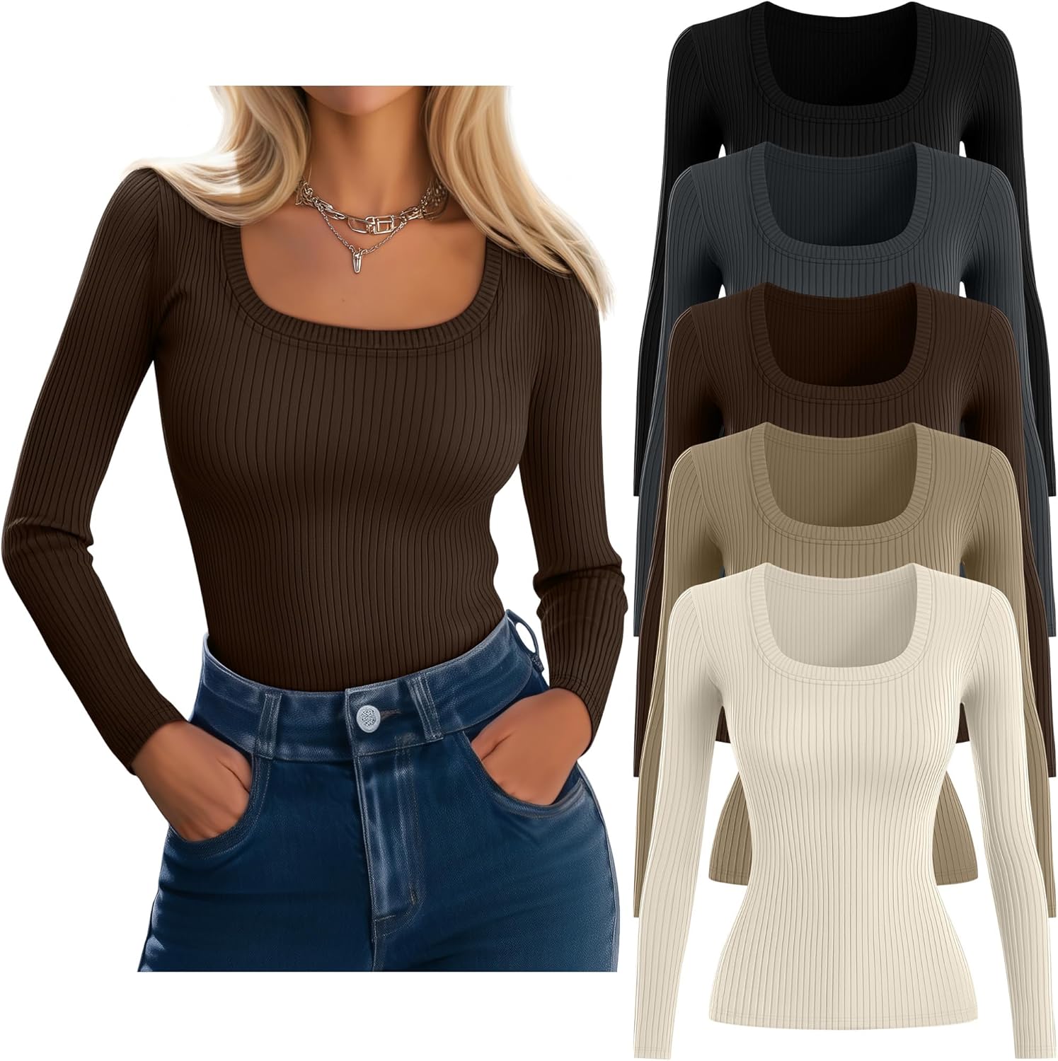 5 Pack Women's Ribbed Long Sleeve Tops Scoop Neck Cotton Shirts Slim Fit Knit Undershirts Casual Fall Basic Layer