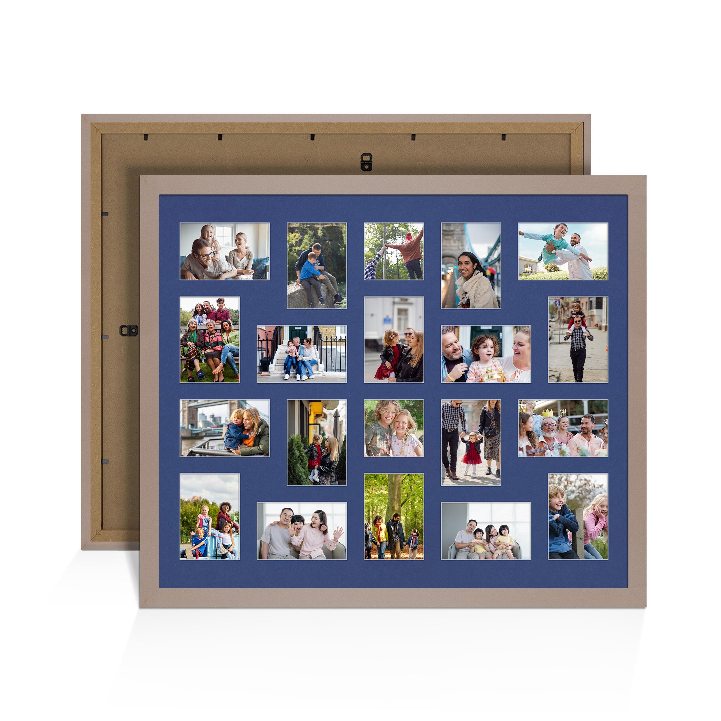 Alison Kingsgate Rose Gold 80x70cm Photo frames for multiple pictures - Collage Frame for 20 Pictures With Blue Mount - Holds (18x) 6x4 & (2x) 4x4 Photos - Engineered Wood & Perspex โ image 1