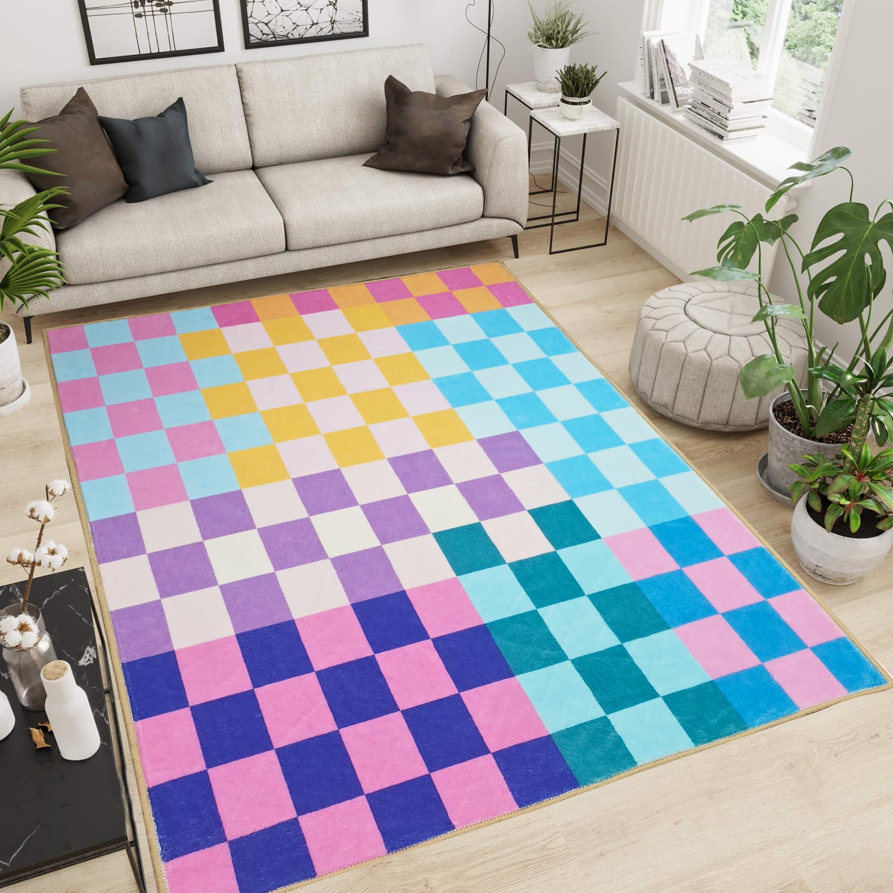 Photo 1 of Aukib Multicolored Checkered Rug 3x5 Washable Ultra-Thin Funky Bedroom Rug Non-Slip Soft Multicolored Stain Resistant Carpet for ?Dining Room Office
