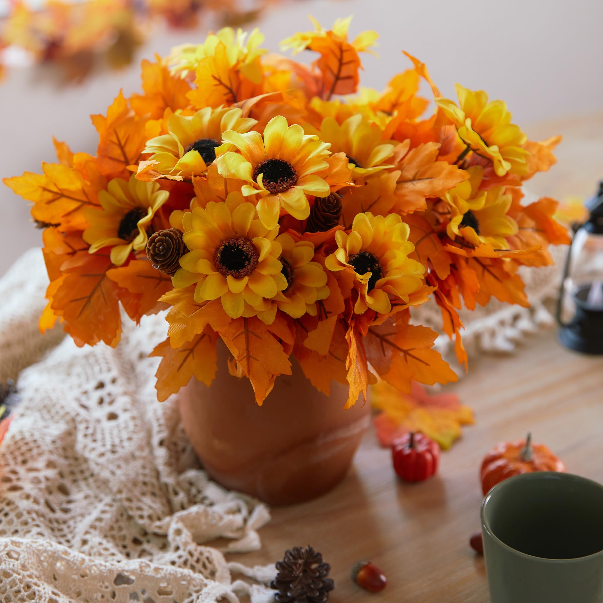 PARTY JOY 4 Stück Künstliche Kürbis-Zweige mit Ahornblättern, Beeren und Sonnenblumen, Künstliche Blumen, Herbstzweige für DIY-Dekoration