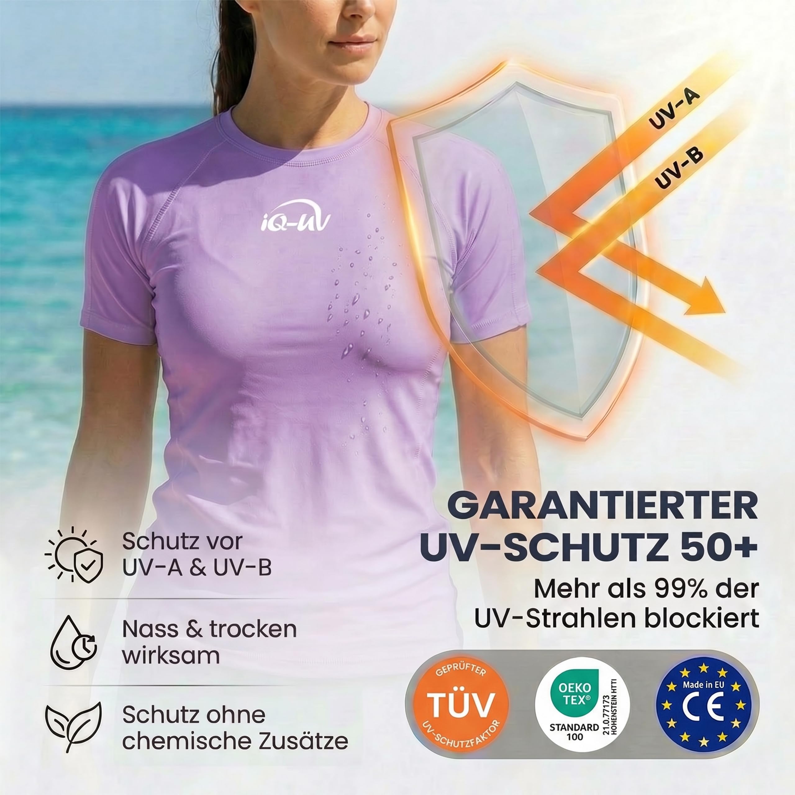 iQ-UV Shirt für Damen Kurzarm Lila L – Rash Guard Schwimmshirt für Frauen aus recyceltem Material – UV-Schutz Badeshirt zum Schwimmen, oder Sport – funktionales Surf-Shirt