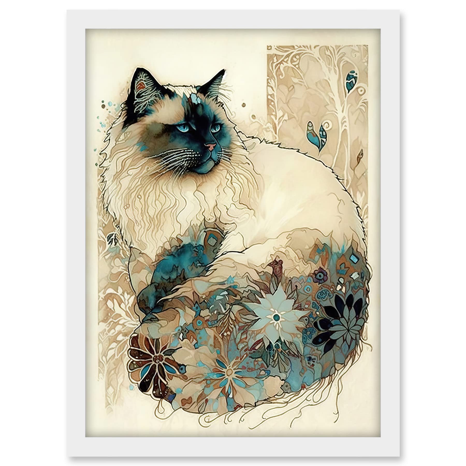 Artery8 Ragdoll Cat with Floral Pattern Tail Modern Watercolour Illustration Artwork Framed A3 Wall Art Print