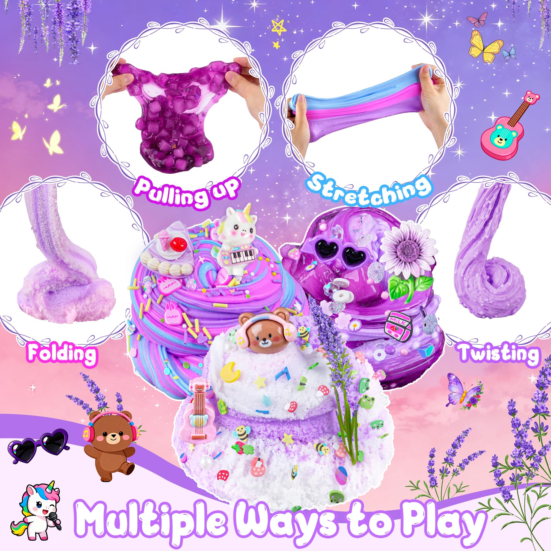 LAWOHO 6 Packs Purple Lavender Slime Kit, Cloud, Clear, Butter Slimes Kits for Girls & Boys, Non Sticky & Fluffy Kids Slime - Image 3