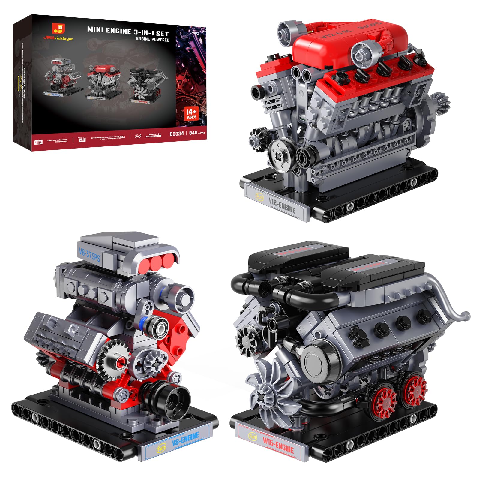 JMBricklayer Kit de Maquette de Moteur 3-en-1 qui Fonctionne, Kits Moteur V8 V12 W16 pour Adultes Adolescents, Jouet STEM Cadeau de Collection pour Passionnés d'Auto - 1