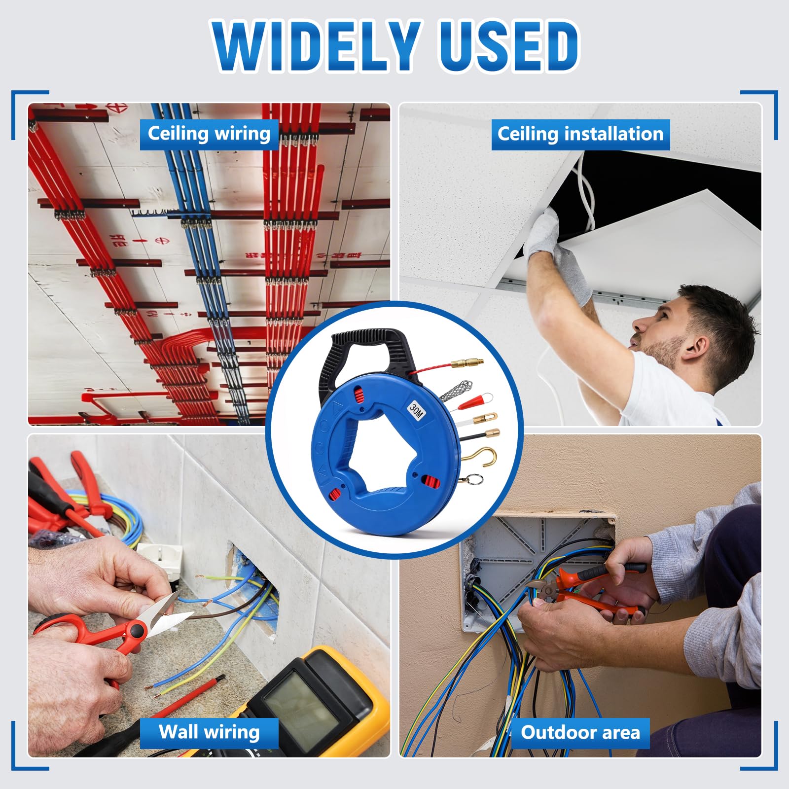 Ayudante de inserción de cable de fibra de vidrio de 30m con cable de 4mm, ayudante de inserción de cable con cabeza de cobre y 6 adaptadores, resorte de inserción, cable de tracción para tubos vacíos