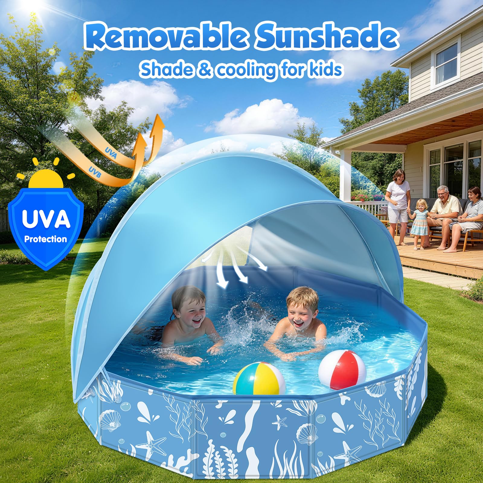 Faltbarer Hundepool mit Abnehmbarem Sonnendach 120cm Robustes Planschbecken für Kinder Hunde Pool mit Dach Rutschfestes Hundebadewanne Kinderpool Garten Outdoor