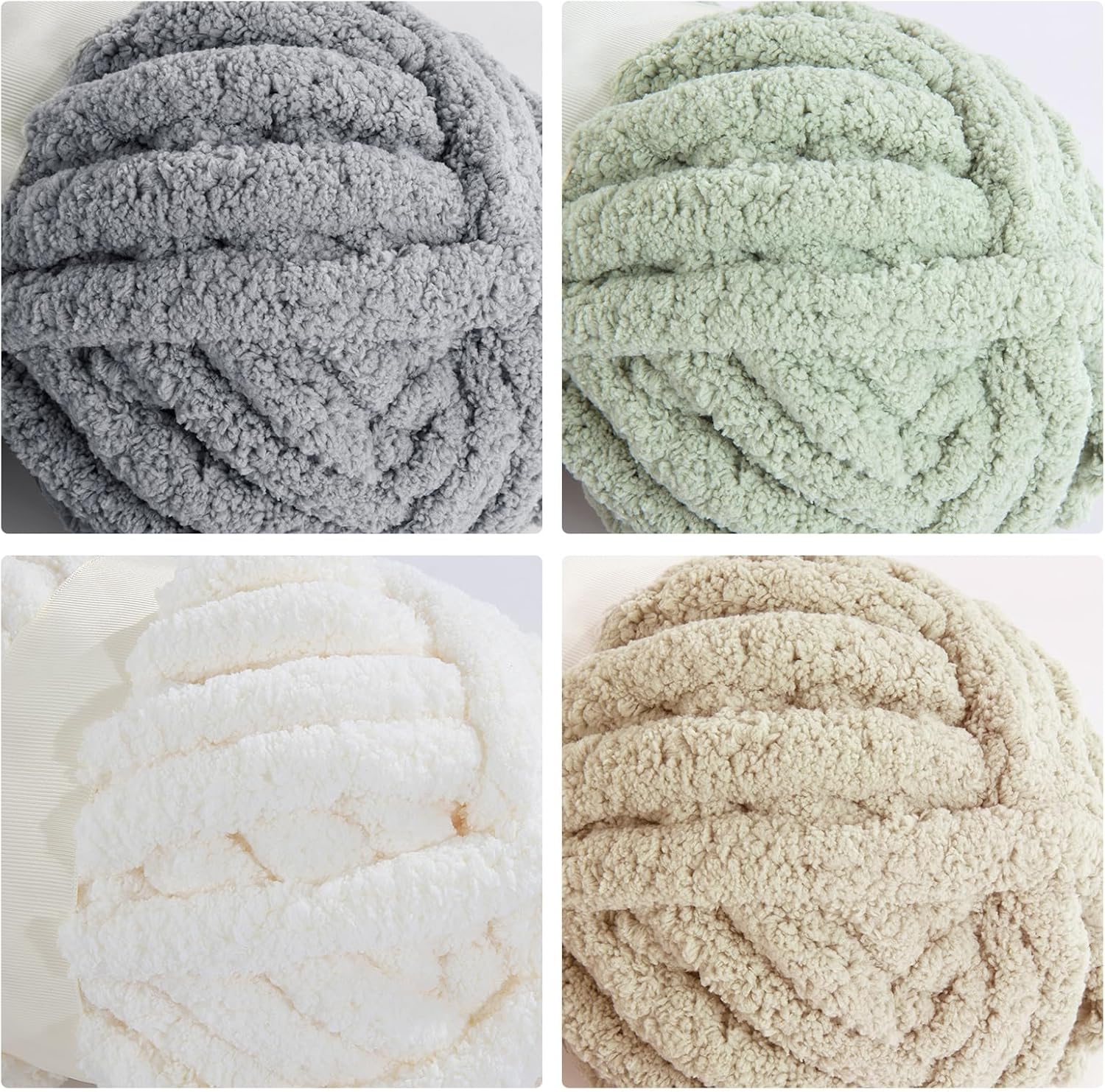 MABOZOO Assorted Chunky Yarn for Hand Knitting 8 Pack, Fluffy Jumbo Chenille Yarn, Soft Plush Yarn Bulky, Giant Thick Fuzzy Yarn for Arm Knitting, Cream & Khaki&Sage&Grey(31.7 yds,8 oz Each Skein)