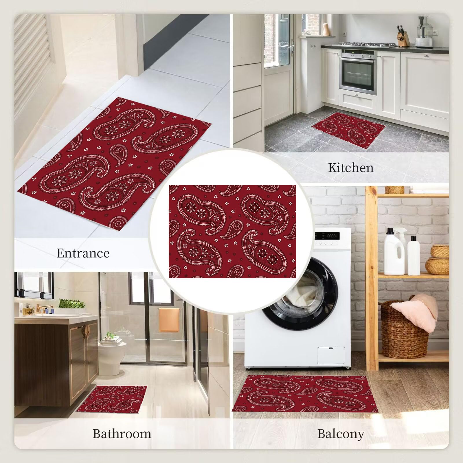 Ultradünne Ethnische Paisley-Blumen Fußmatte Für Innenbereich, 80X120Cm Waschbar Teppich Für Eingangsbereich, Retro-Exotik Schmutzfänger Fussmatten, Rot rutschfeste Eingangsmatte