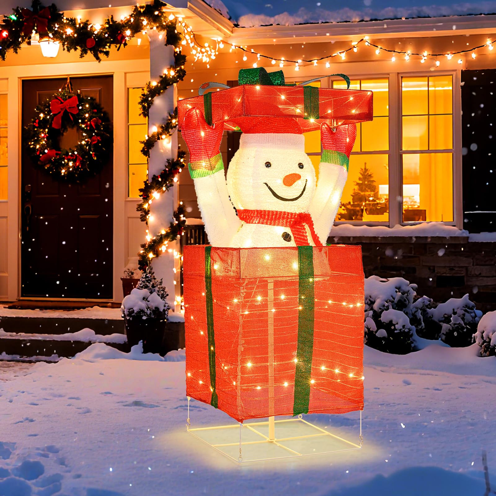 SOARS Decoration Noel, Bonhomme de Neige en Boite Cadeau 115 CM, 100 LED | 100 Lumières LED Blanc Chaud, Piquets & Attaches, Decoration Noel Exterieur Interieur Maison pour Salon, Cour, Jardin, Sapin