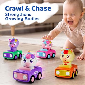 iPlay, iLearn Press to Go Unicorn Car Toys for Toddler 1-3, Baby Racing Car