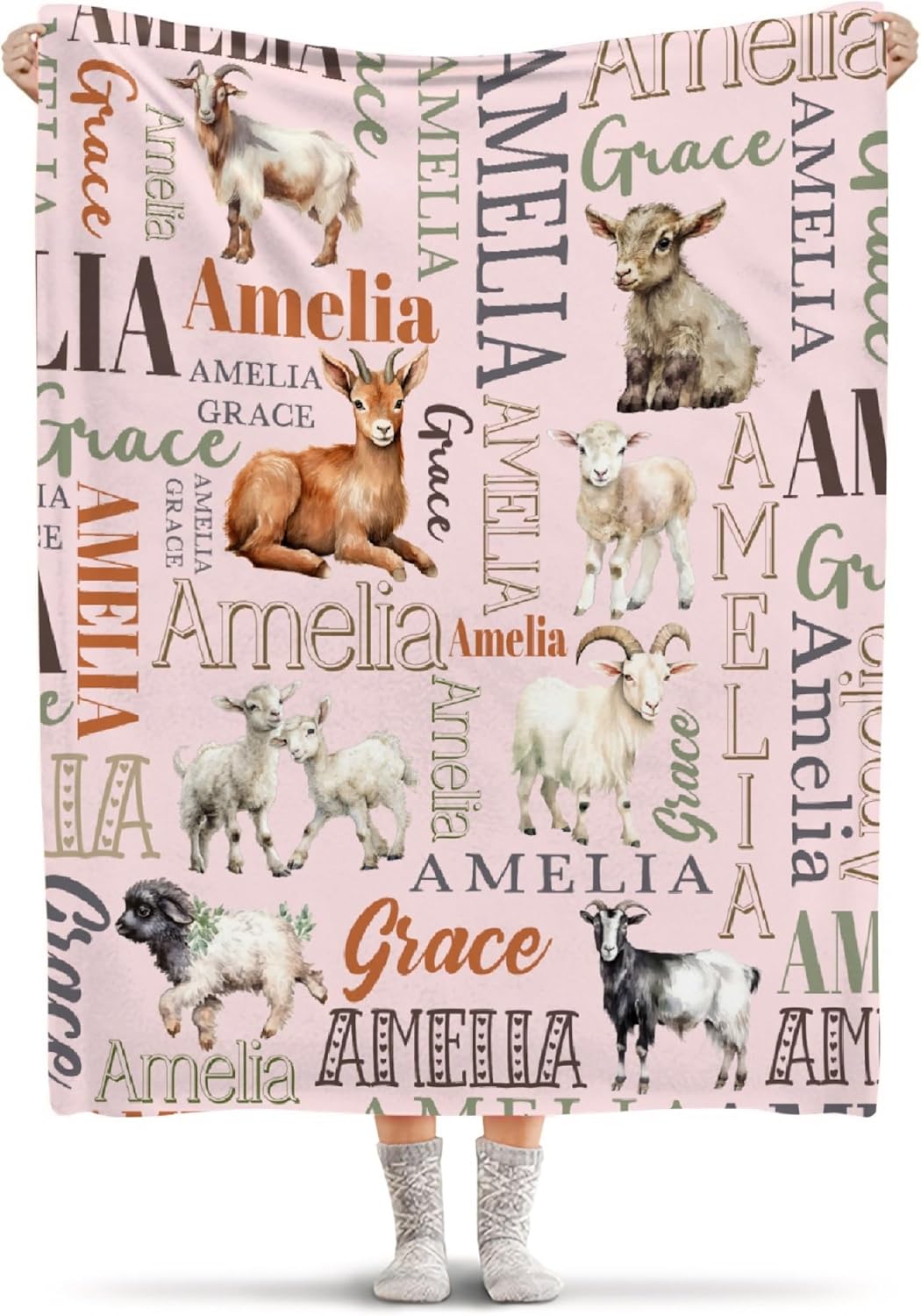 Personalized Goat Blanket Gift for Boy Girl, Personalized Goat Custom Plush Blanket Decor Soft Flannel Fleece Lightweight Throw Blanket Quilt for Couch Sofa 80x60In for Adults/Twin