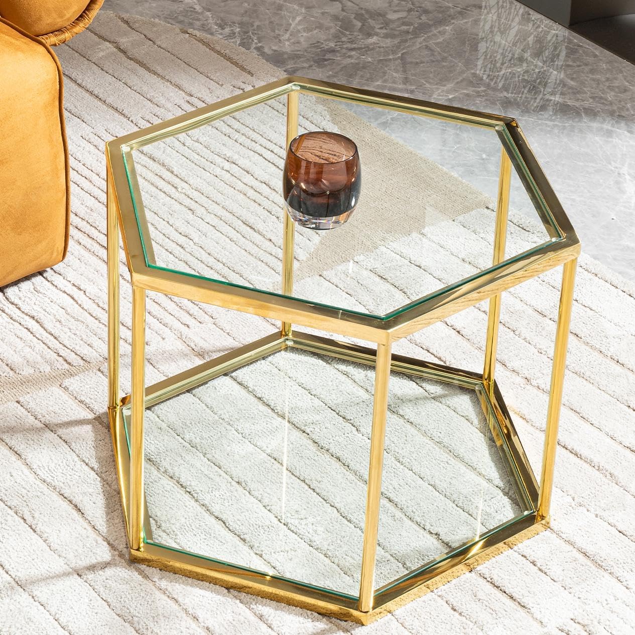 Luxury Hexagonal Side Table, Clear Tempered Glass top with Gold Steel Frame, 2-Tier Stand Display Table, Modern Design Coffee Table, Accent Table for Living Room