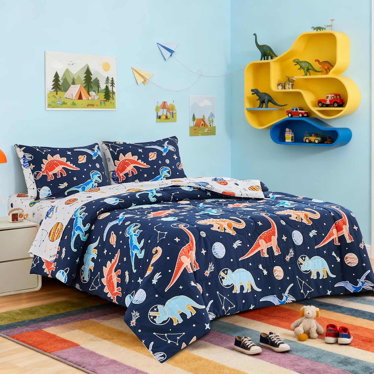 Aimuan Glow in The Dark Space Comforter Set Kids Dinosaur Animals Bedding Set Super Soft & Cute Planet Printed for Boys Girls Teen (Black, Twin 5Pcs)