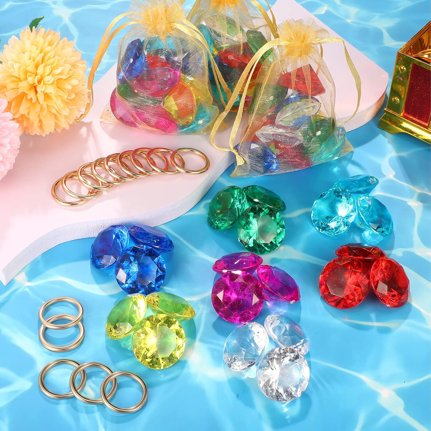 Chalyna 45 Pcs Gold Round Ring Set Acrylic Diamond Gem Jewelry Alloy Party Favor Pirate Treasure Hunting Cake Decoration with Gift Bag(Fresh Style) image 4