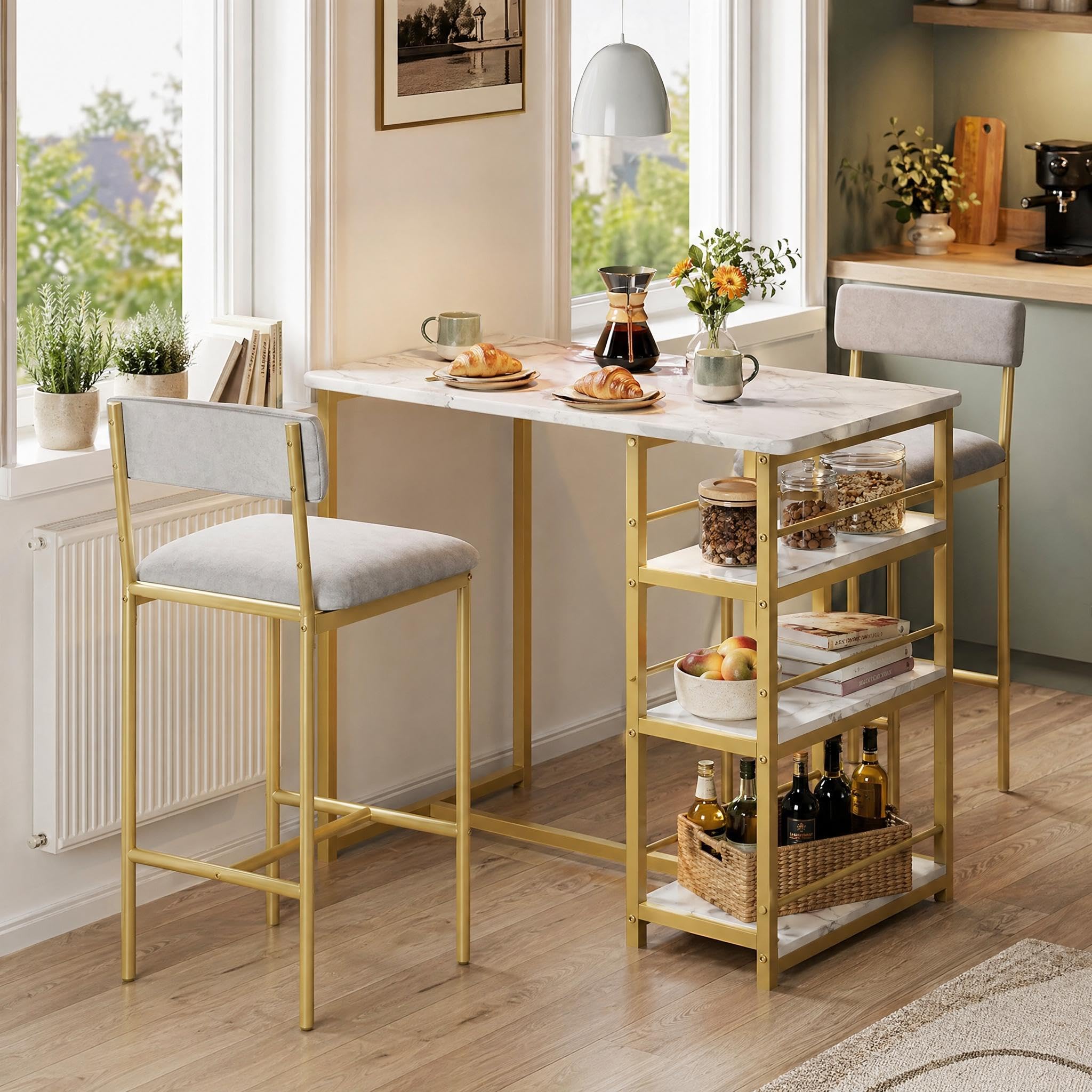 Bartisch mit Stühlen 2 Personen, Küchentheke Tresentisch mit Stauraum & Gepolsterten Barhockern, Bistrotisch Hausbar Set, Stehtisch mit Hocker, Goldmarmor-Optik & Grauer Samt