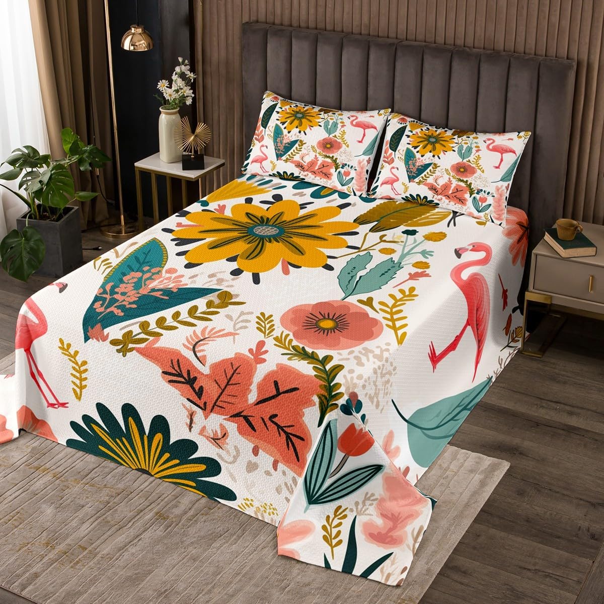 Erosebridal Hippie Floral Twin Bedspread Set Chic Flamingo Quilt Set, Tropical Plant Coverlet Set for Girls Women Botanical Leaves Bedding Set, Watercolor Flower Bed Cover