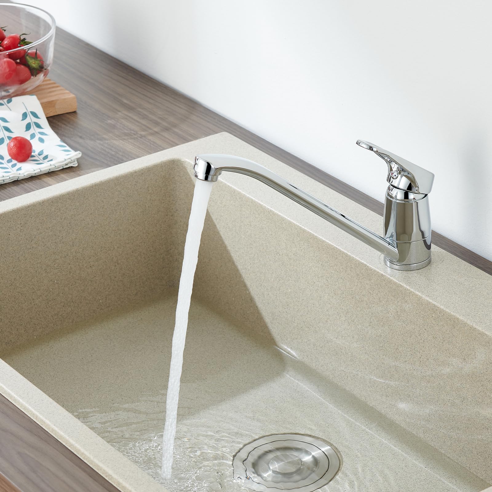 Grifo de Cocina 360° Giratorio, Grifo de Alta Presión con Cartucho Cerámico, Mezclador Monomando para Fregadero, Fácil Instalación y Mangueras de Agua Caliente/Fría de 50 cm, Cromo
