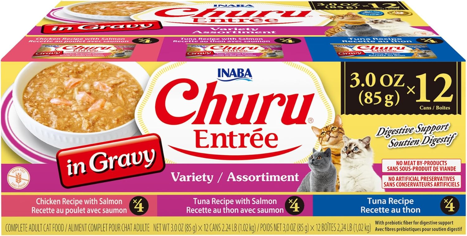 INABA Churu Entrée in Gravy for Cats, High Moisture, Prebiotic Wet Cat Food, 3oz. Can, 12 Cans Total, Tuna & Chicken Variety