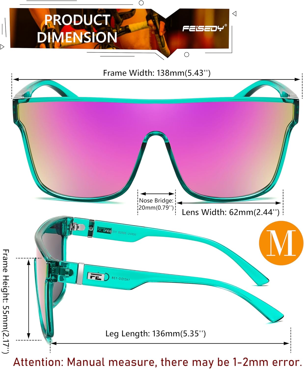 FEISEDY Sunglasses for Women Men, Fashion Mirrored Single Lens, Driving Beach Sunnies UV400 Shades B2996 - Image 6