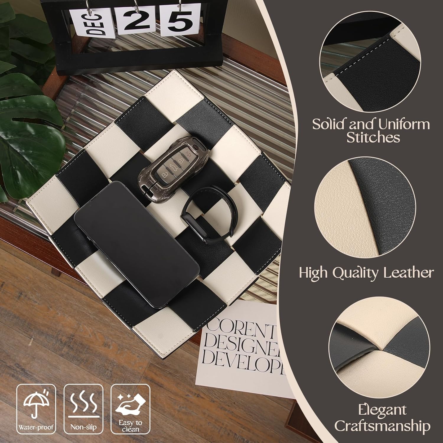 Valet Tray for Men Leather Key Tray for Entryway Table Bedside Nightstand, Desktop Organizer Catch-All for Wallet, Watch, Remote, Keys, Cell Phones, Checkerboard - Image 3