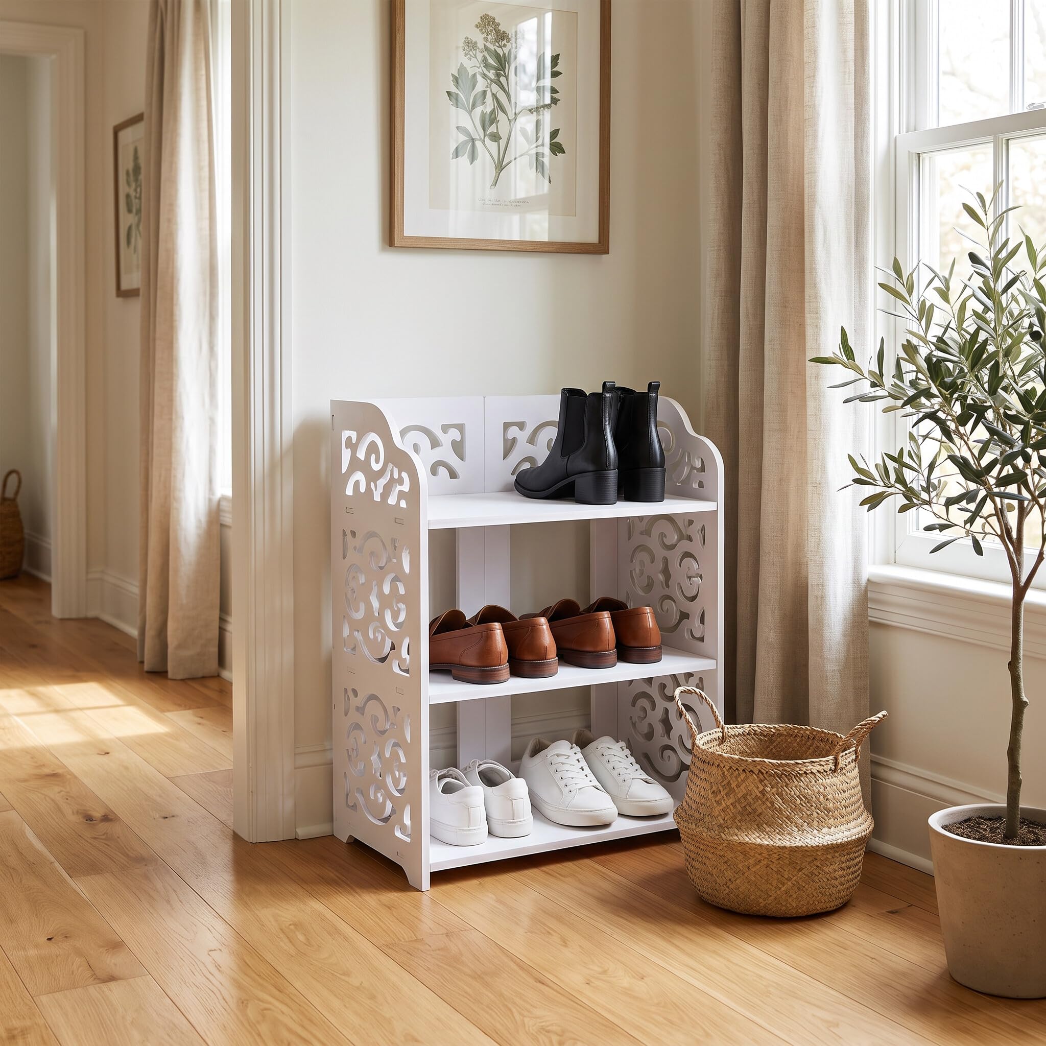 Wakects Scarpiera da Ingresso, Scaffale Portascarpe in PVC Bianco, 3 Ripiani, Motivo Traforato, per Scarpe Libri CD