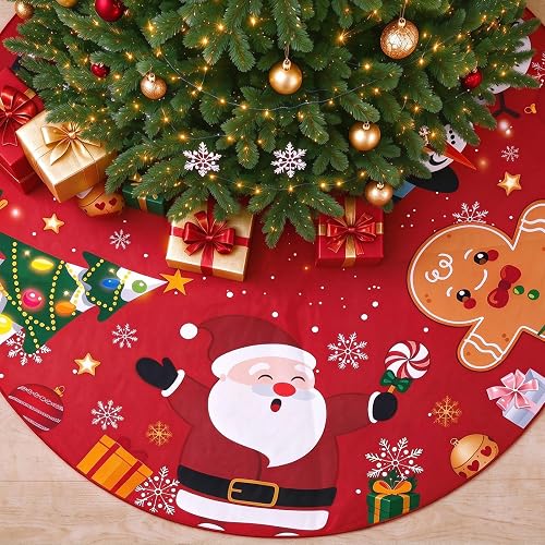 Christmas Tree Skirt 48 Inch - Large Red Short Plush Santa Snowman Penguin Design Christmas Tree Stand Base Cover Mat Decor for Winter Xmas Holiday Party Decorations Supplies