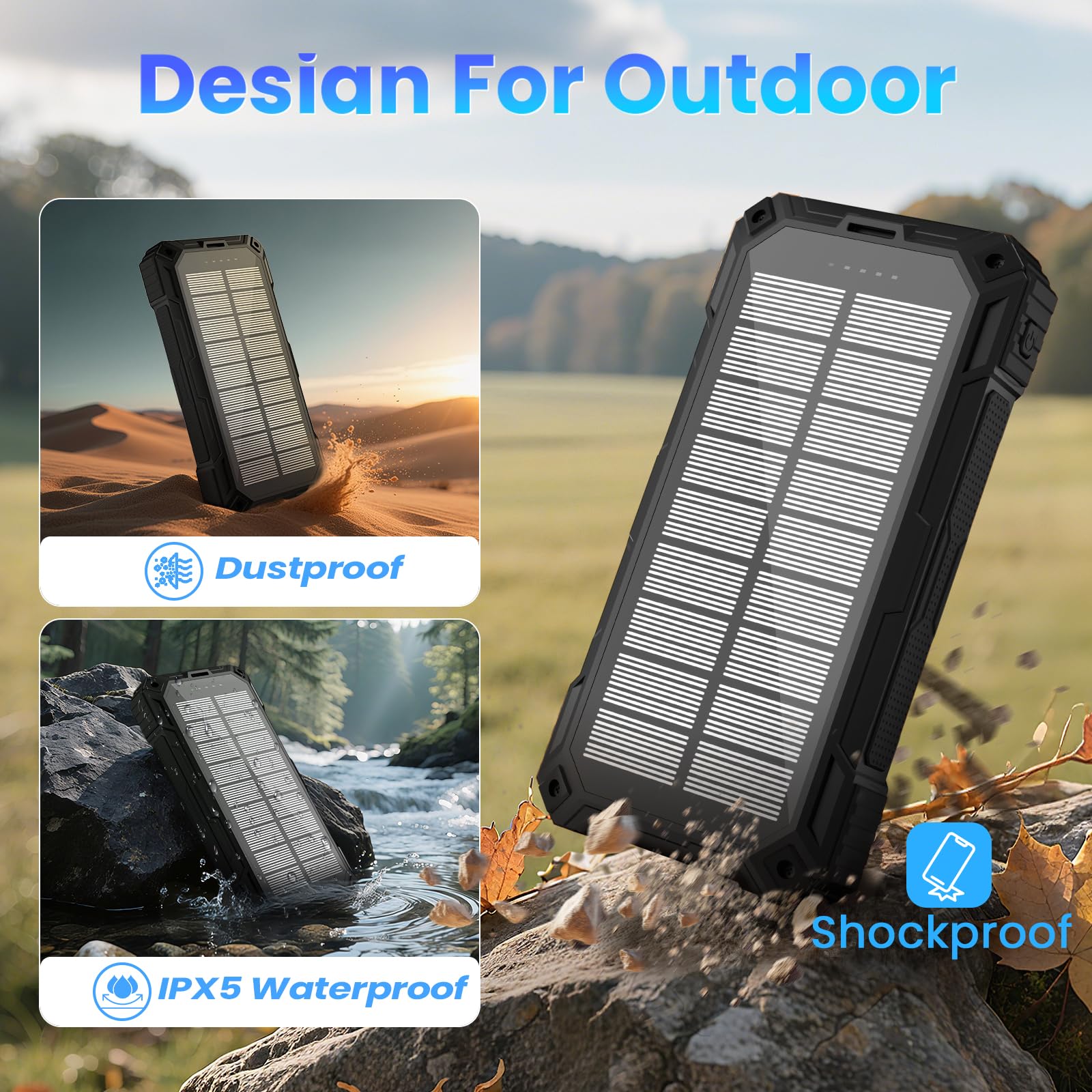 Solar Power Bank 49800 mAh - Caricabatterie portatile wireless 15 W Ricarica rapida con 4 cavi integrati. Dotato di una potente torcia, IP65 Outdoor impermeabile Power Bank perfetto per il campeggio