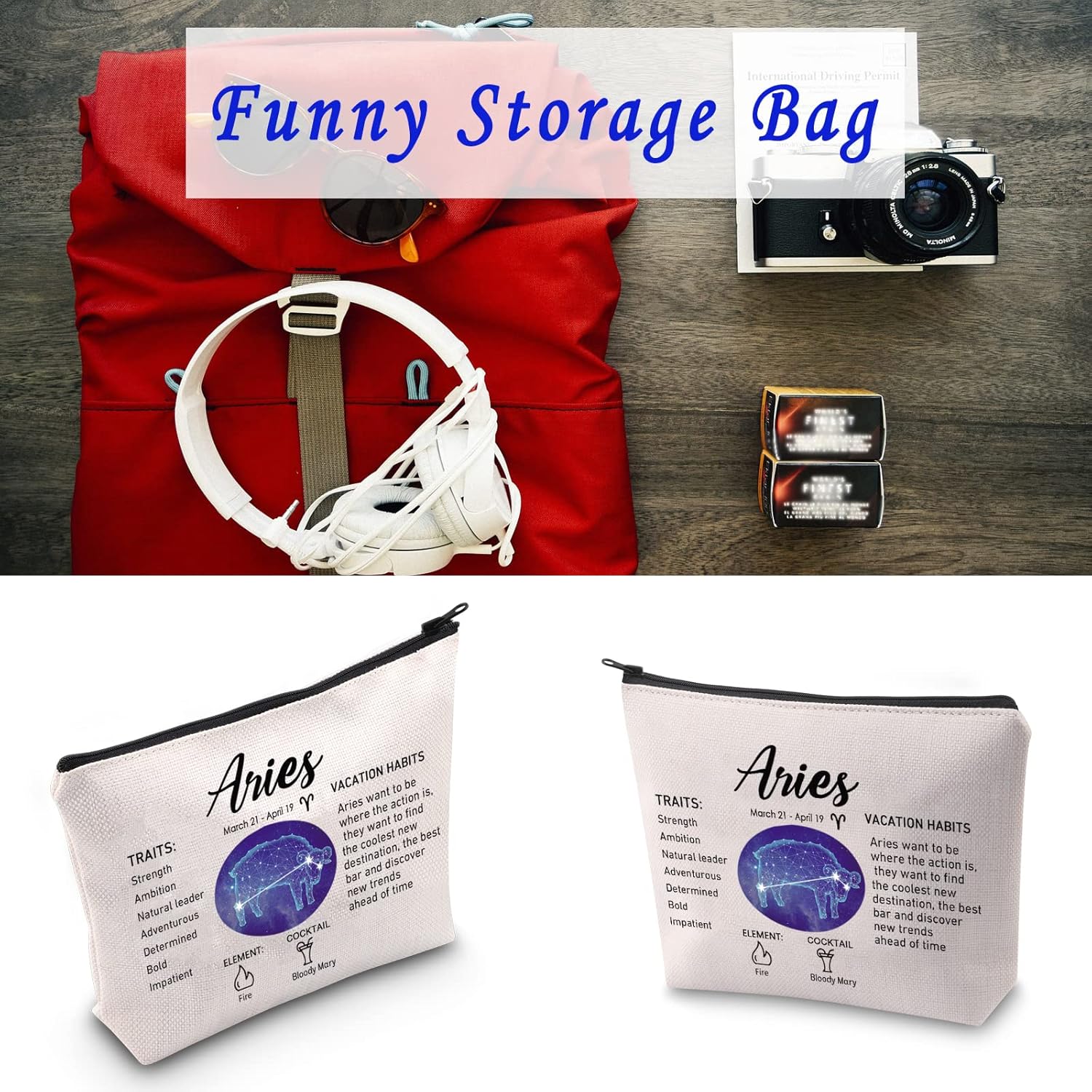 LEVLO 12 Constellation Travel Toiletry Bags 12 Zodiac Cosmetic Makeup Bag Christmas Mother's Day Birthday Gifts(Aries) - Image 9