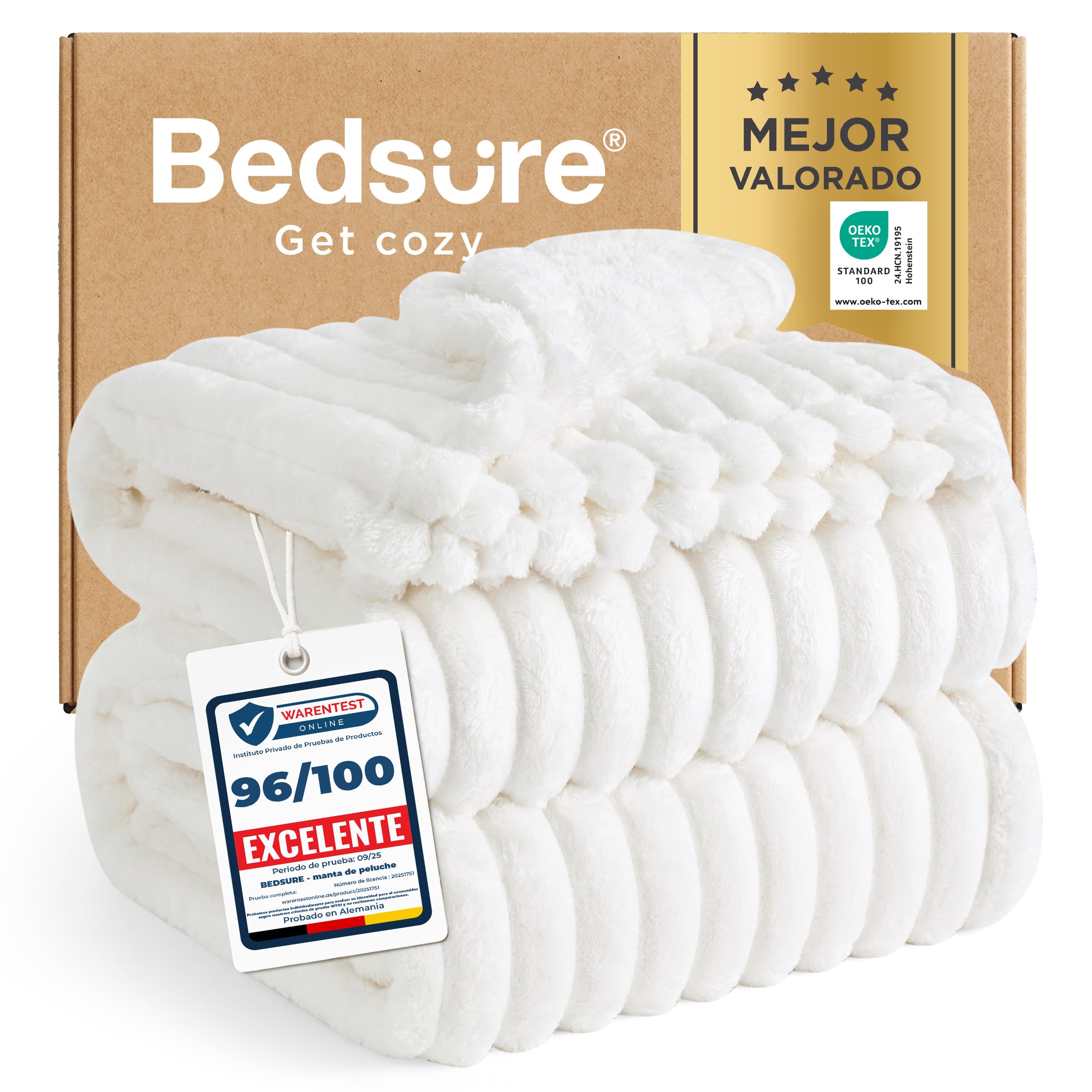 Bedsure Manta Sofá Polar Suave - Manta Gruesa y Esponjosa para Cama y Sofá, Cálida y Acogedora para Invierno, Diseño de Rayas Anchas, XXL 230 x 270 cm, Blanco OEKO-TEX STANDARD 100