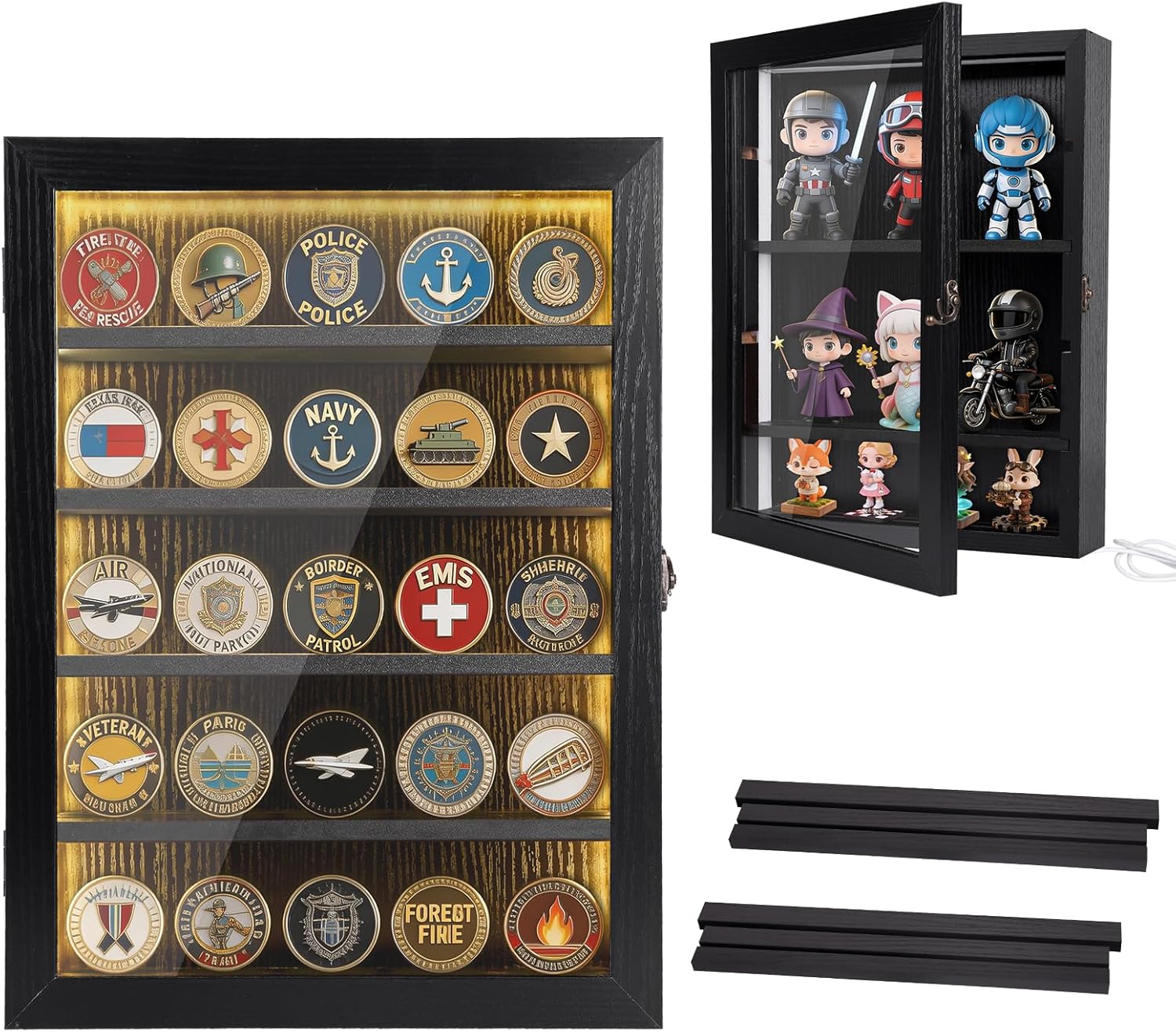 Challenge Coin Display Case with Lights Medals Collectible Figures Display Box with Led Lighting Cabinet Clear Acrylic Holder Shadow Box Wall Mounted Rack Shelf Storage Box for Bobble Heads Black
