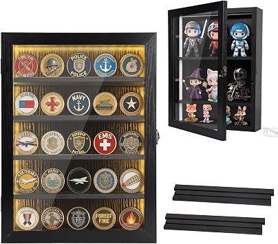 Challenge Coin Display Case with Lights Medals Collectible Figures Display Box with Led Lighting Cabinet Clear Acrylic Holder Shadow Box Wall Mounted Rack Shelf Storage Box for Bobble Heads Black