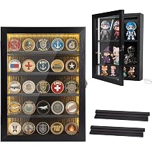 Challenge Coin Display Case with Lights Medals Collectible Figures Display Box with Led Lighting Cabinet Clear Acrylic Holder Shadow Box Wall Mounted Rack Shelf Storage Box for Bobble Heads Black