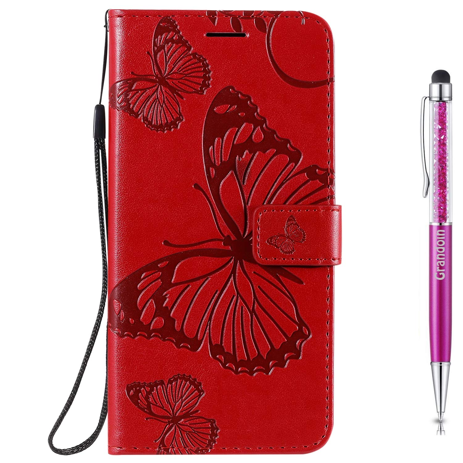 IPhone 12 Mini Hülle Im Brieftaschen-Stil | Flip Cover Mit Schmetterling Muster | PU Leder, Rot