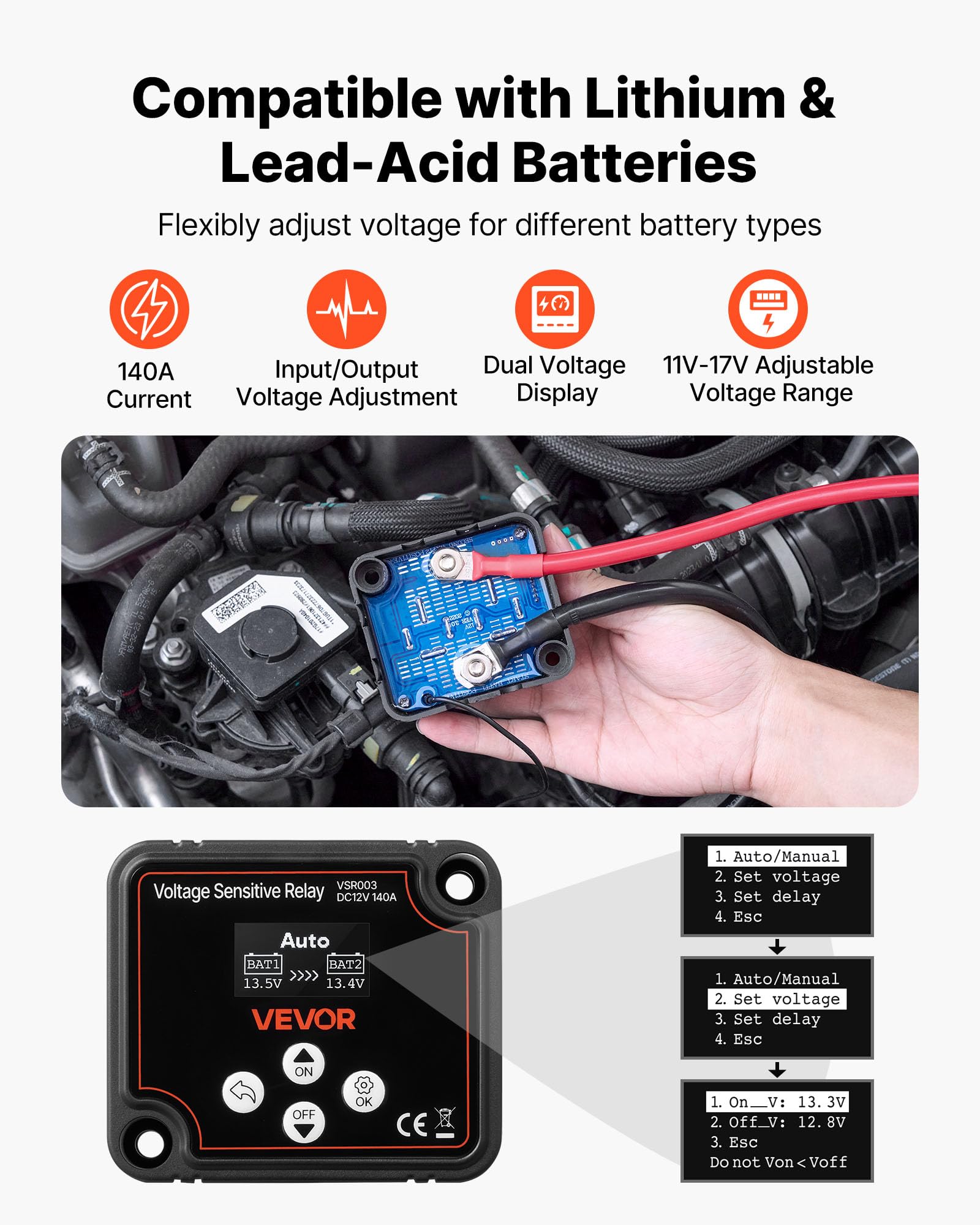VEVOR Isolatore di Batteria Doppia Relè Sensibile alla Tensione VSR Manuale e Automatico con Schermo LCD 12 V 140 Amp, Isolatore di Batteria per Auto, Camion, Camper, UTV, ATV, Barca