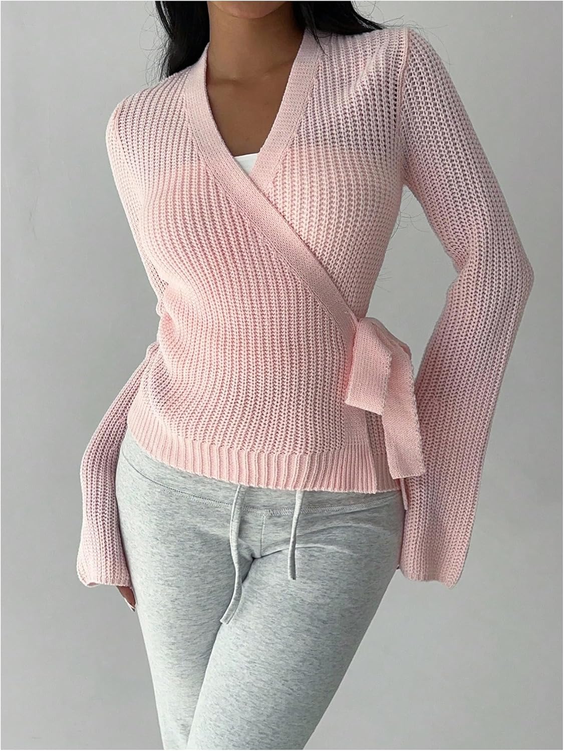 MakeMeChic Women's Wrap V Neck Cardigan Tie Side Long Sleeve Knitted Sweater - Image 5