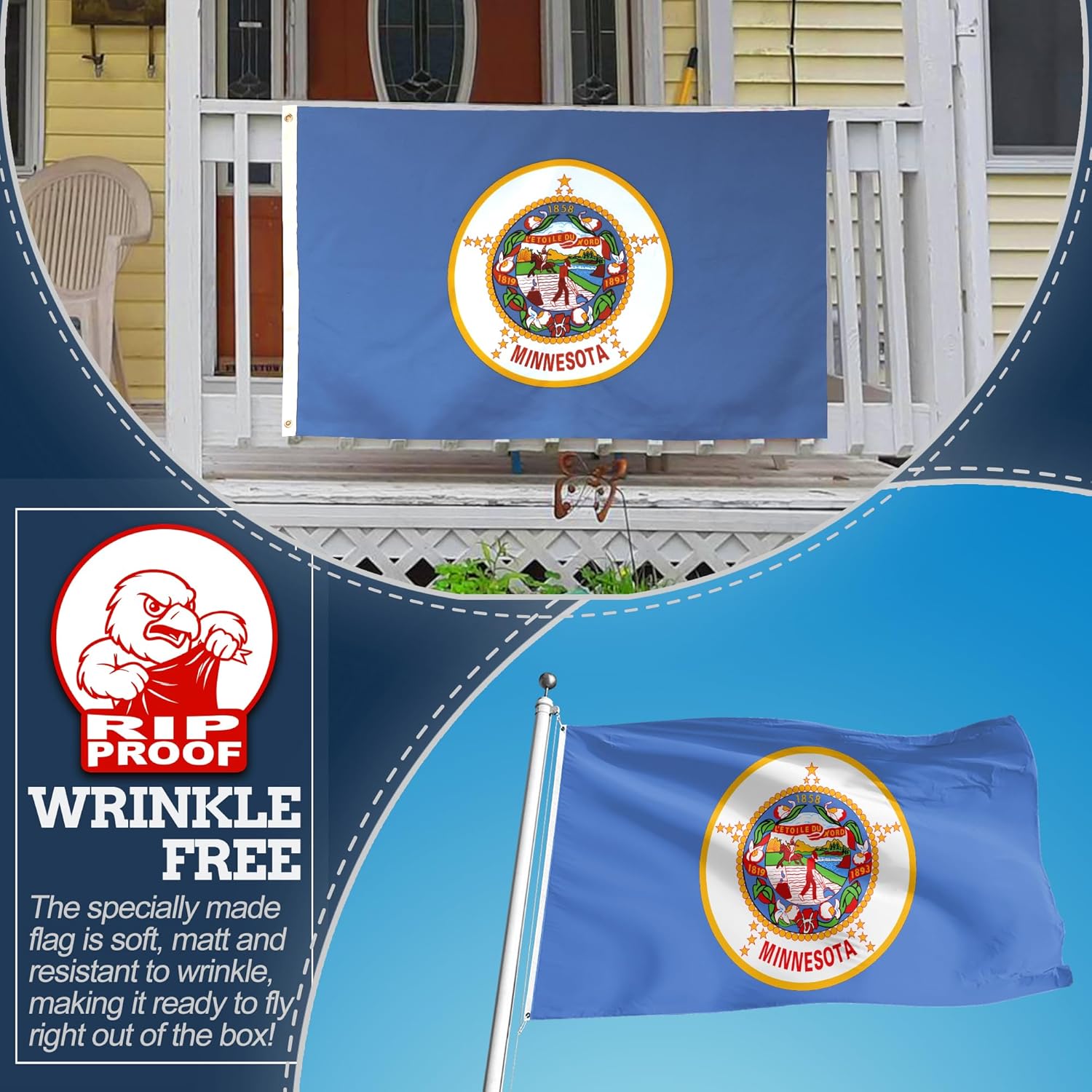 Anley Rip-Proof Double Sided 3-Ply Minnesota State Flag 3x5 Foot - Vivid Color, Canvas Header and Wrinkle Resistant - The Strongest, Longest Lasting Minnesota MN Flags 3 X 5 Ft