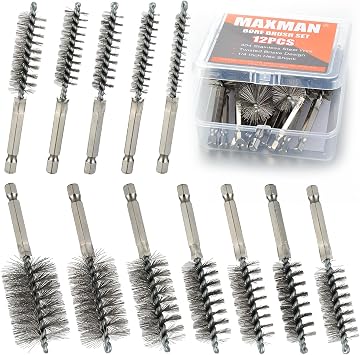 MAXMAN Wire Brush for Drill, 12pcs Stainless Steel Bore Brush with 1/4 Hex Shank, Durable Metal Bristles Twisted, 12 Size for Metal, Pipes, Tubes Cleaning, Rust & Paint Removal, Fits Power Drill