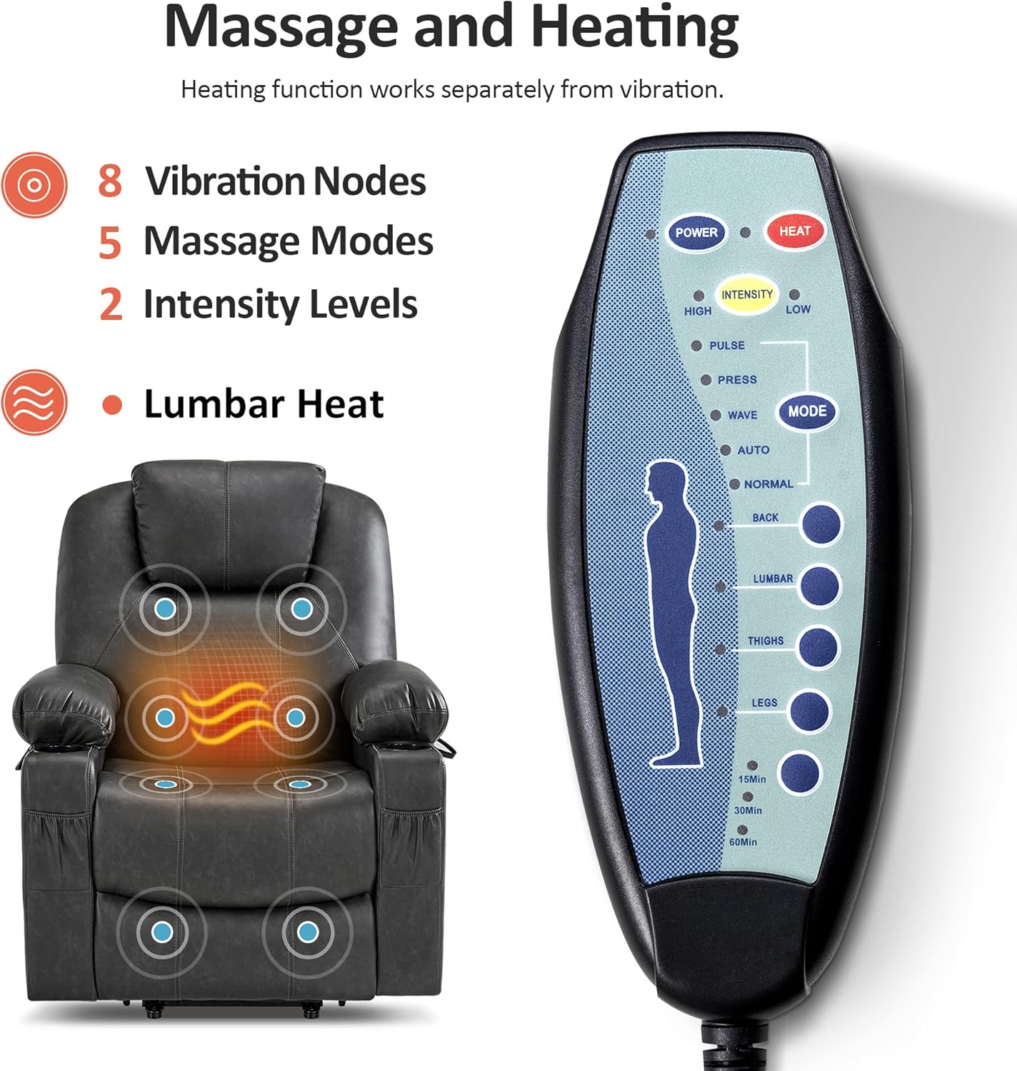 MCombo Electric Power Lift Recliner Chair Sofa with Massage and Heat for Elderly, 3 Positions, 2 Side Pockets, and Cup Holders, USB Ports, Faux Leather 7040 (Grey, Medium) Medium Grey