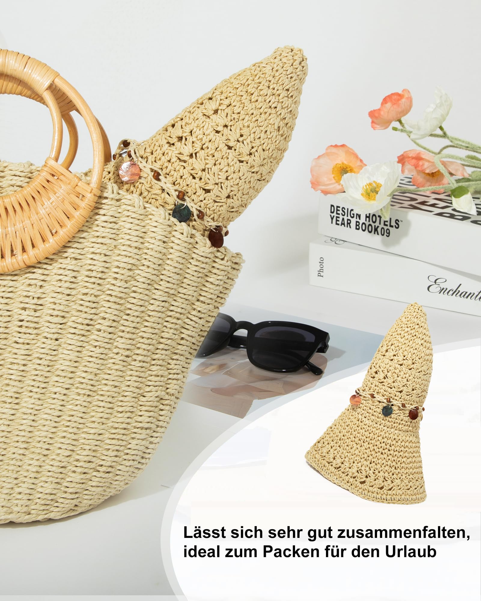 Comhats Kapelusz przeciwsłoneczny damski, letni kapelusz słomkowy, składany, ręcznie wykonany kapelusz plażowy, ochrona przed promieniowaniem UV, 94557_khaki, M