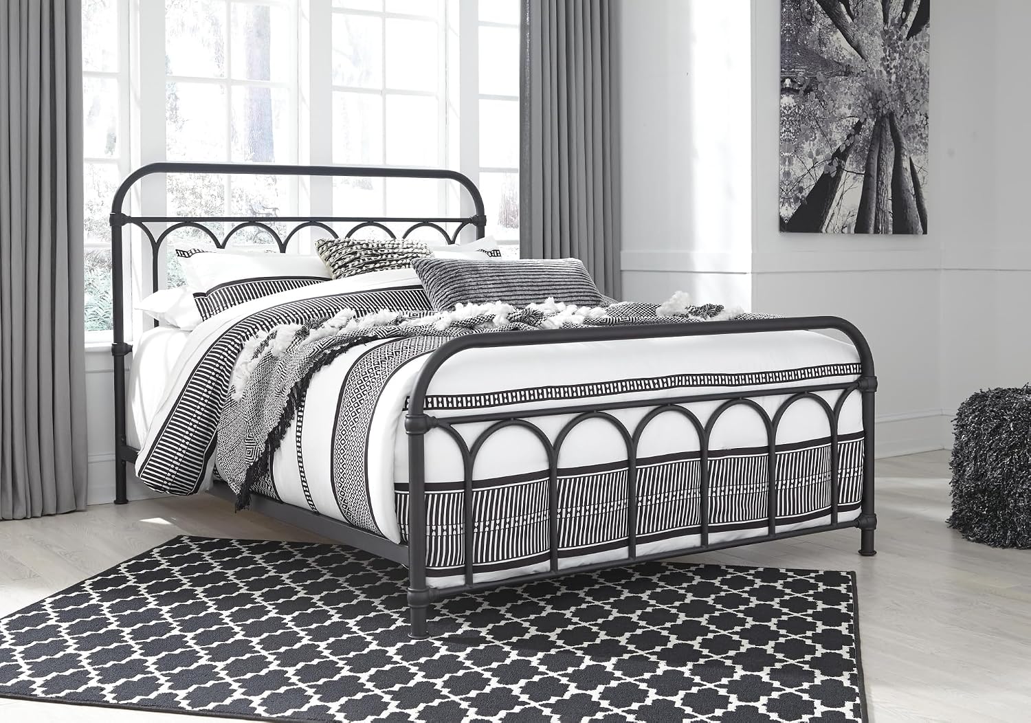 Signature Design by Ashley Queen Metal Bed Frame with Headboard & Footboard | Black metal bed frame, Wrought-iron styling, Includes headboard footboard and rails, Powder-coated steel, Nashburg Series