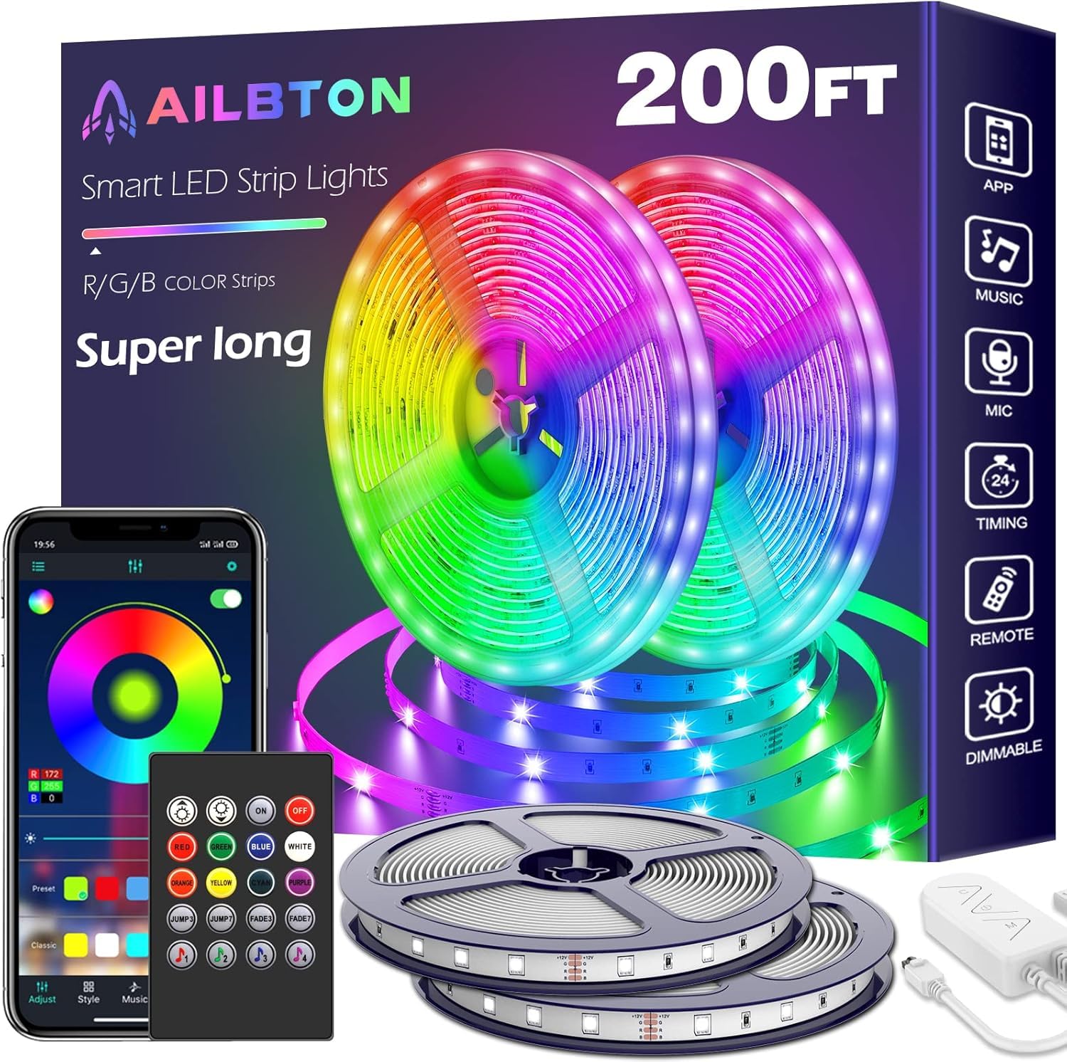 AILBTON 200ft Led Strip Lights (2 Rolls of 100ft) 5050 RGB