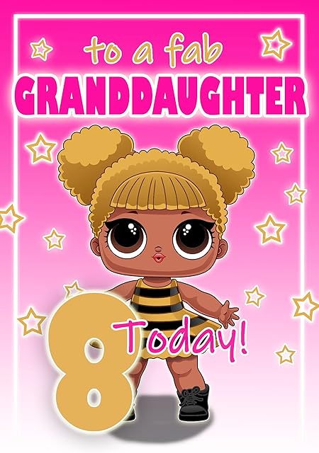 Granddaughter Age 8 Birthday Card - LOL Surprise  Optional PERSONALISED EXTRA LARGE 77MM BADGE - FULL COLOUR INSIDE!