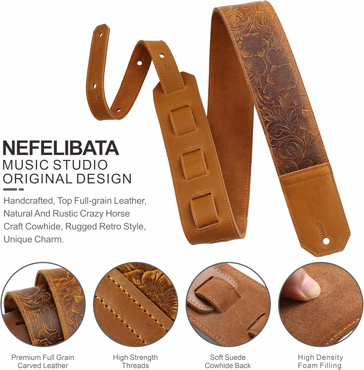 Nefelibata Guitar Strap,2.3" Wide Full-Grain Sculpted Leather Guitar Straps with Soft Padding for Bass, Electric & Acoustic Guitar (Sahara Yellow Embossed)